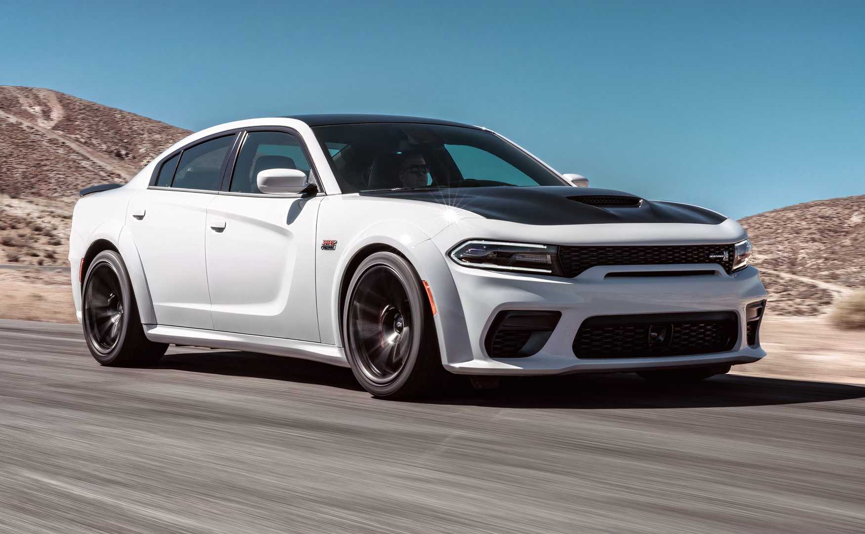 White 2023 Dodge Charger Scat Pack With A Black Hood