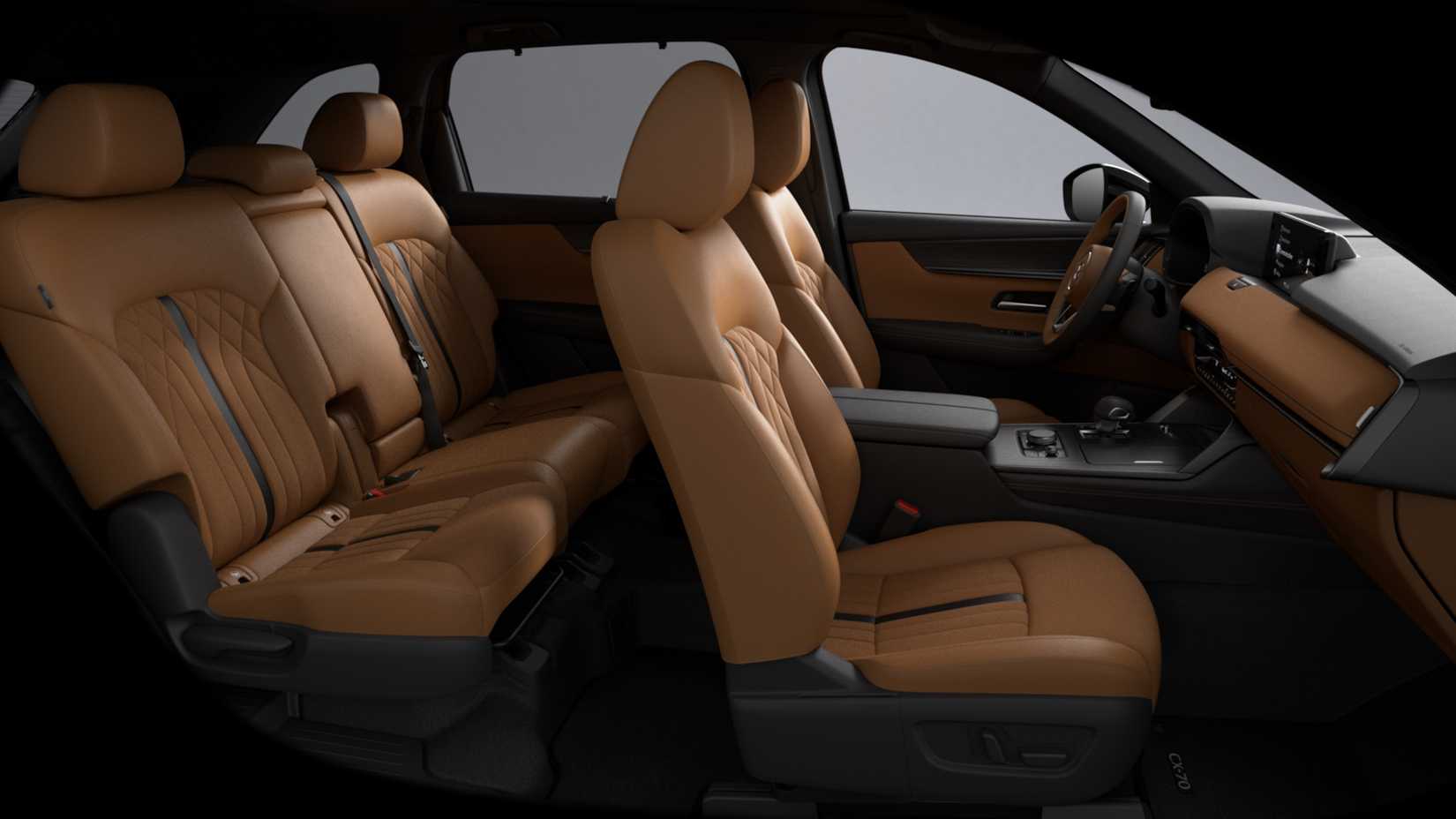 Interior shot of a 2026 Mazda CX-70 showing front and rear seats