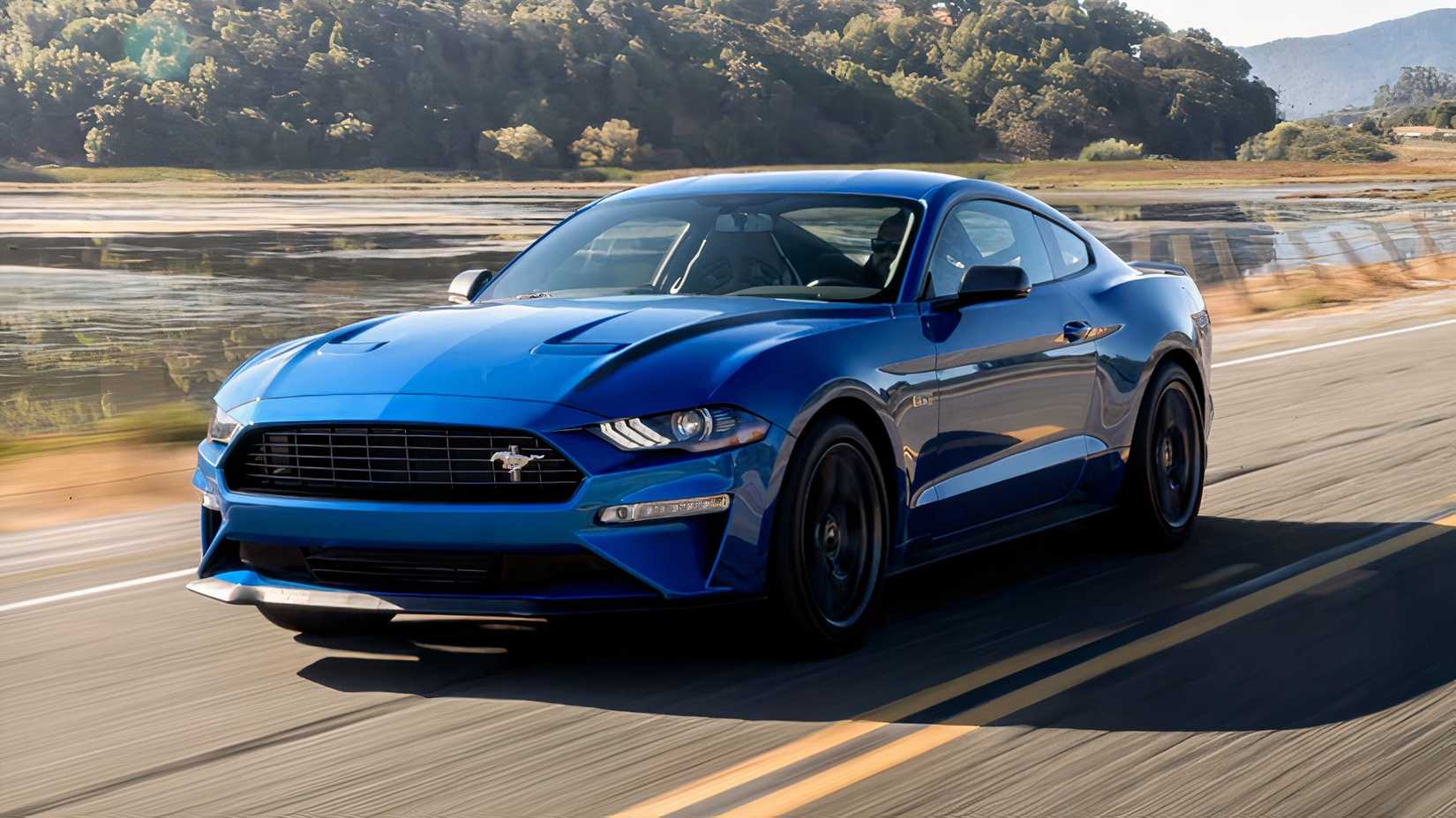 3/4 front view of 2020 Ford Mustang EcoBoost driving
