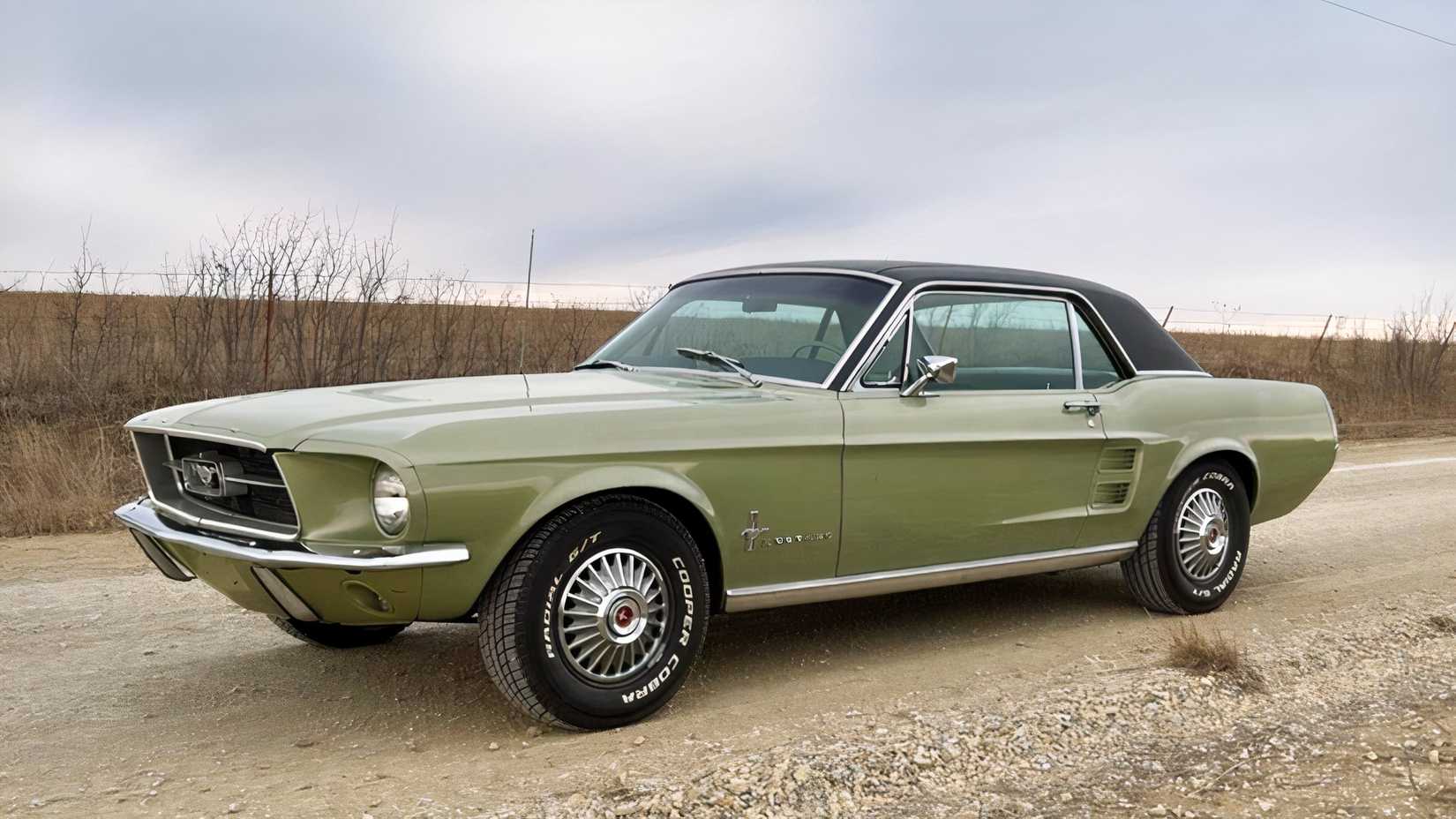3/4 side view of 1967 Lime Gold Ford Mustang