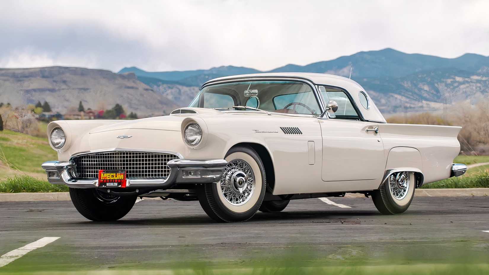 3/4 front view of white 1957 Ford Thunderbird F-Code