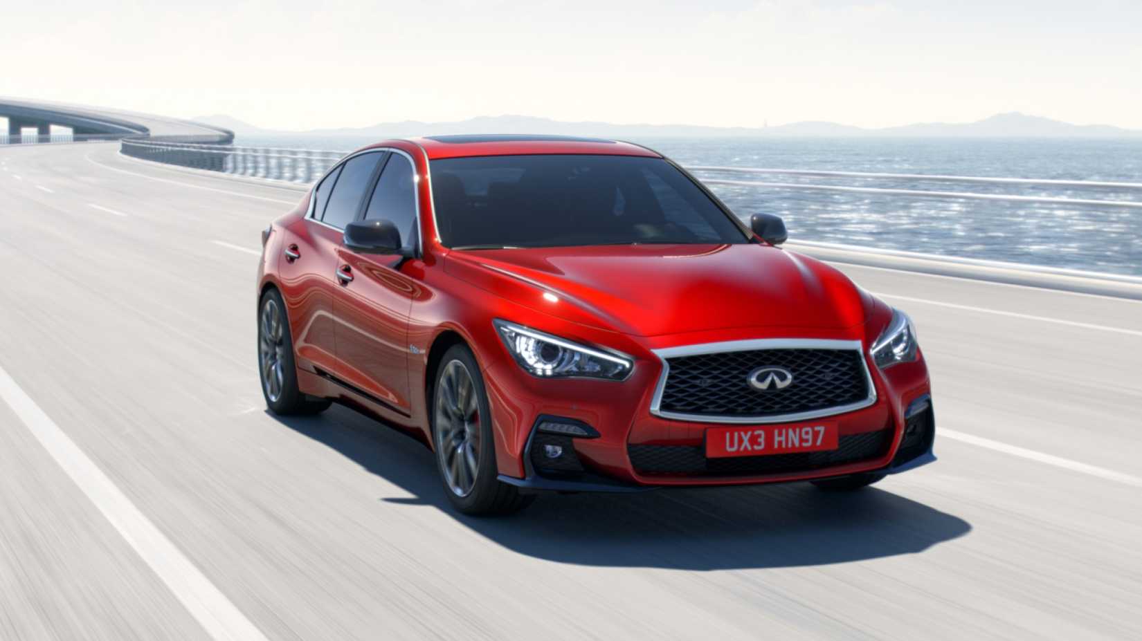 2020 Infiniti Q50 in red front third quarter view