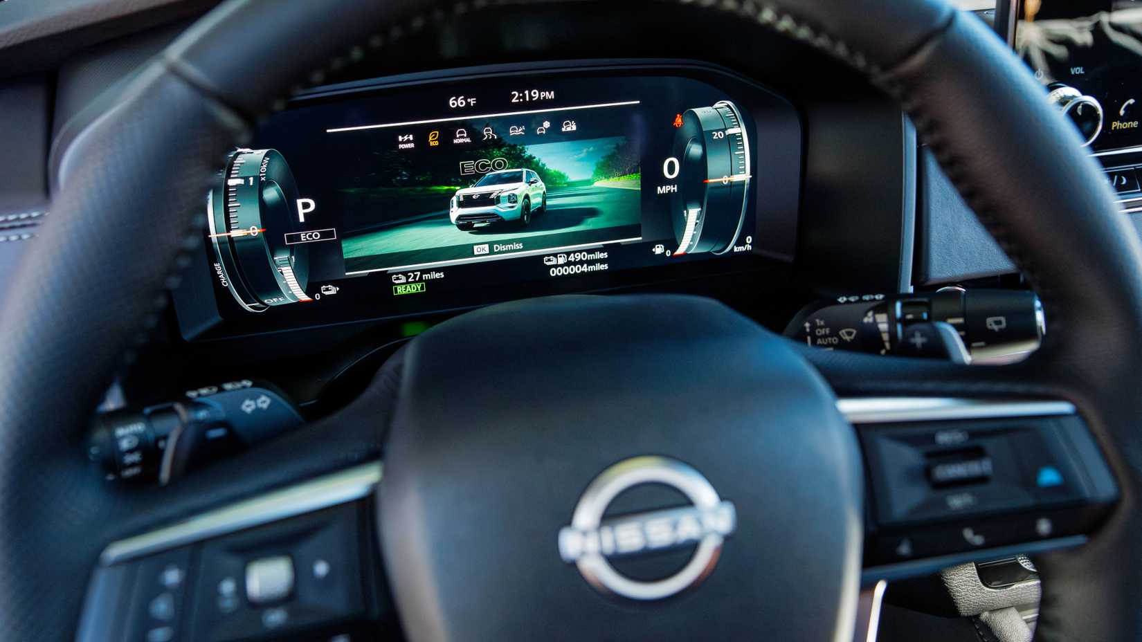 2026 Nissan Rogue PHEV interior shot showing steering wheel