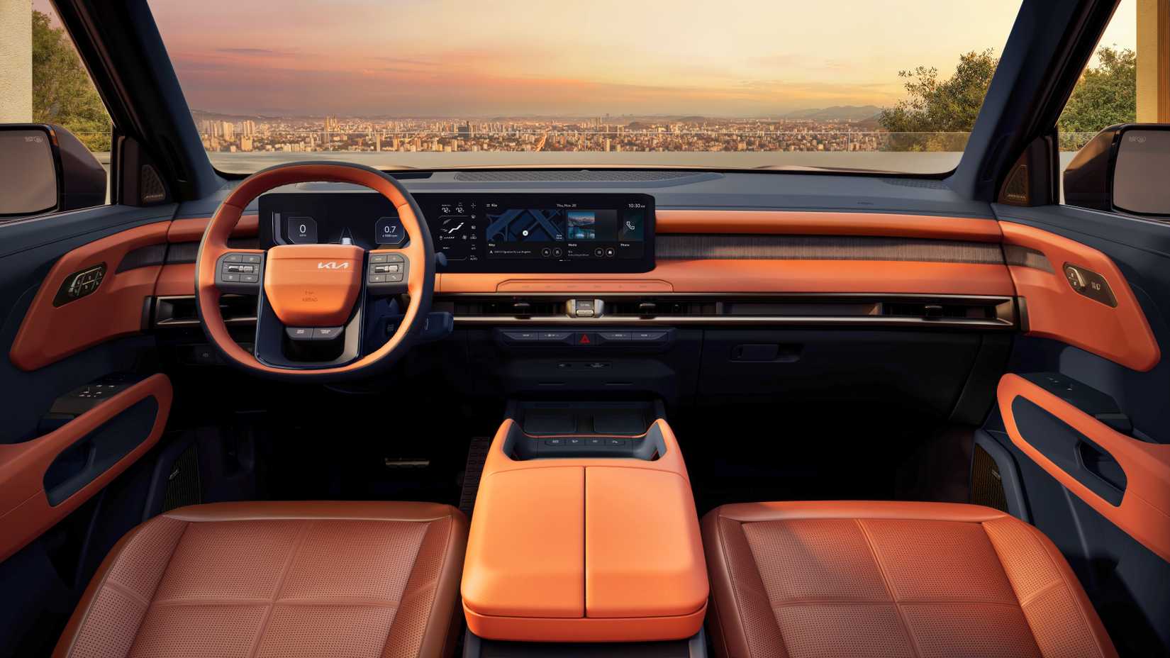Foto do interior do Kia Telluride 2027 mostrando a cabine dianteira