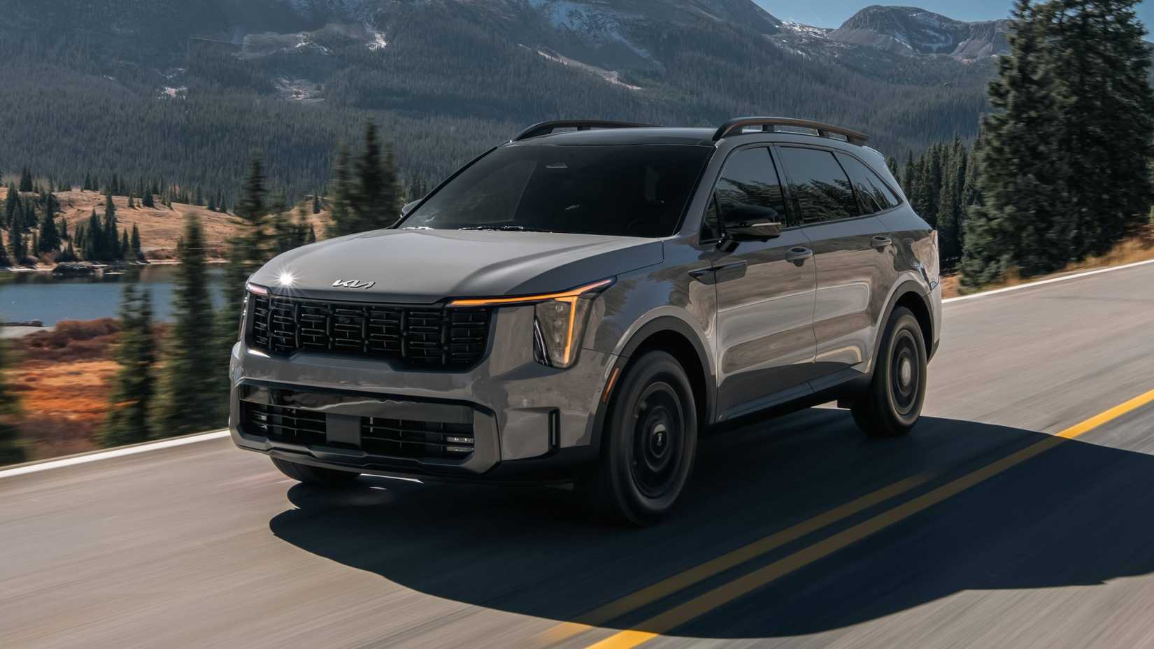 2026 Kia Sorento accelerating front third quarter view