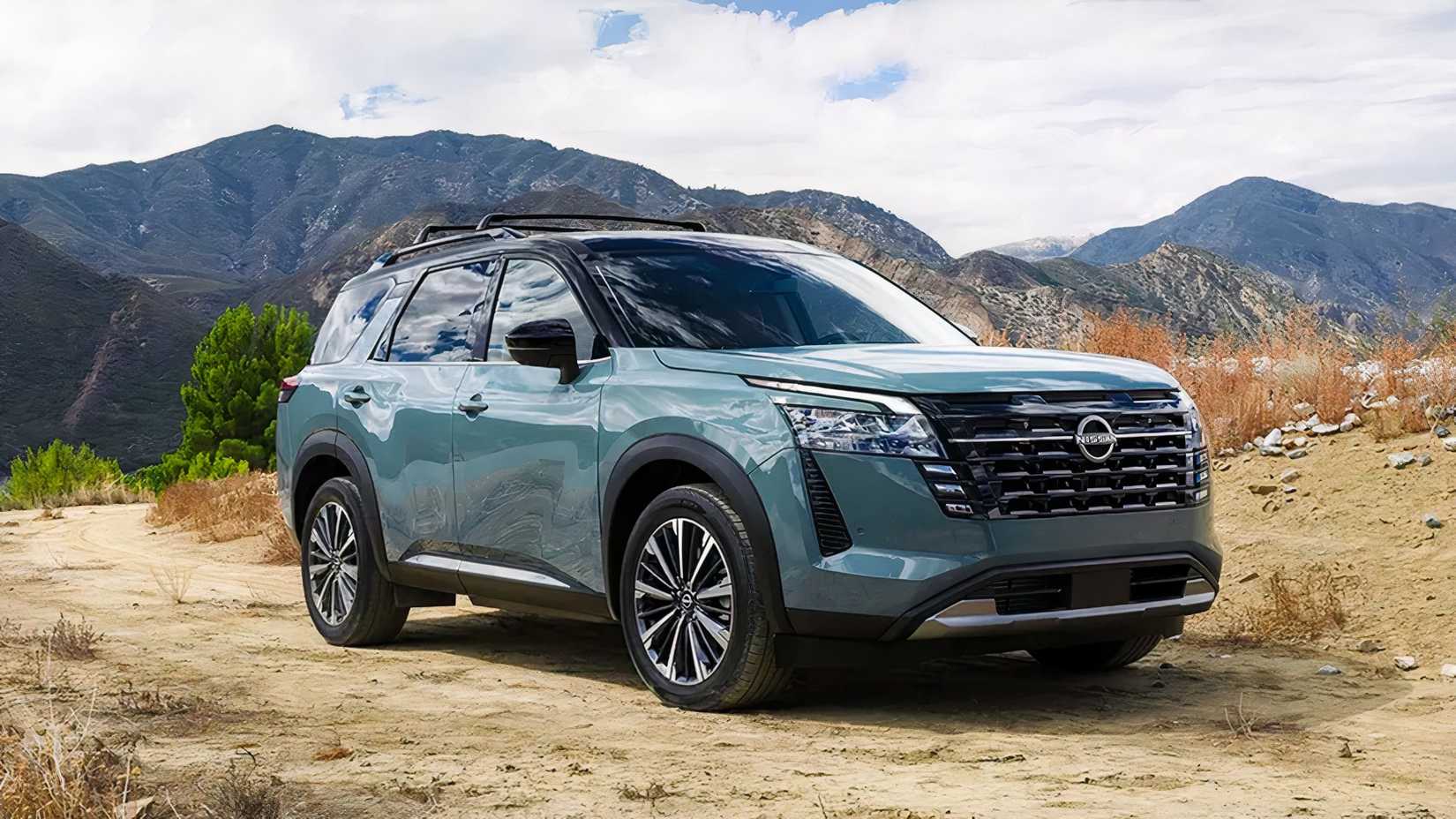 2026 Nissan Pathfinder Platinum front 3/4 shot parked off-road