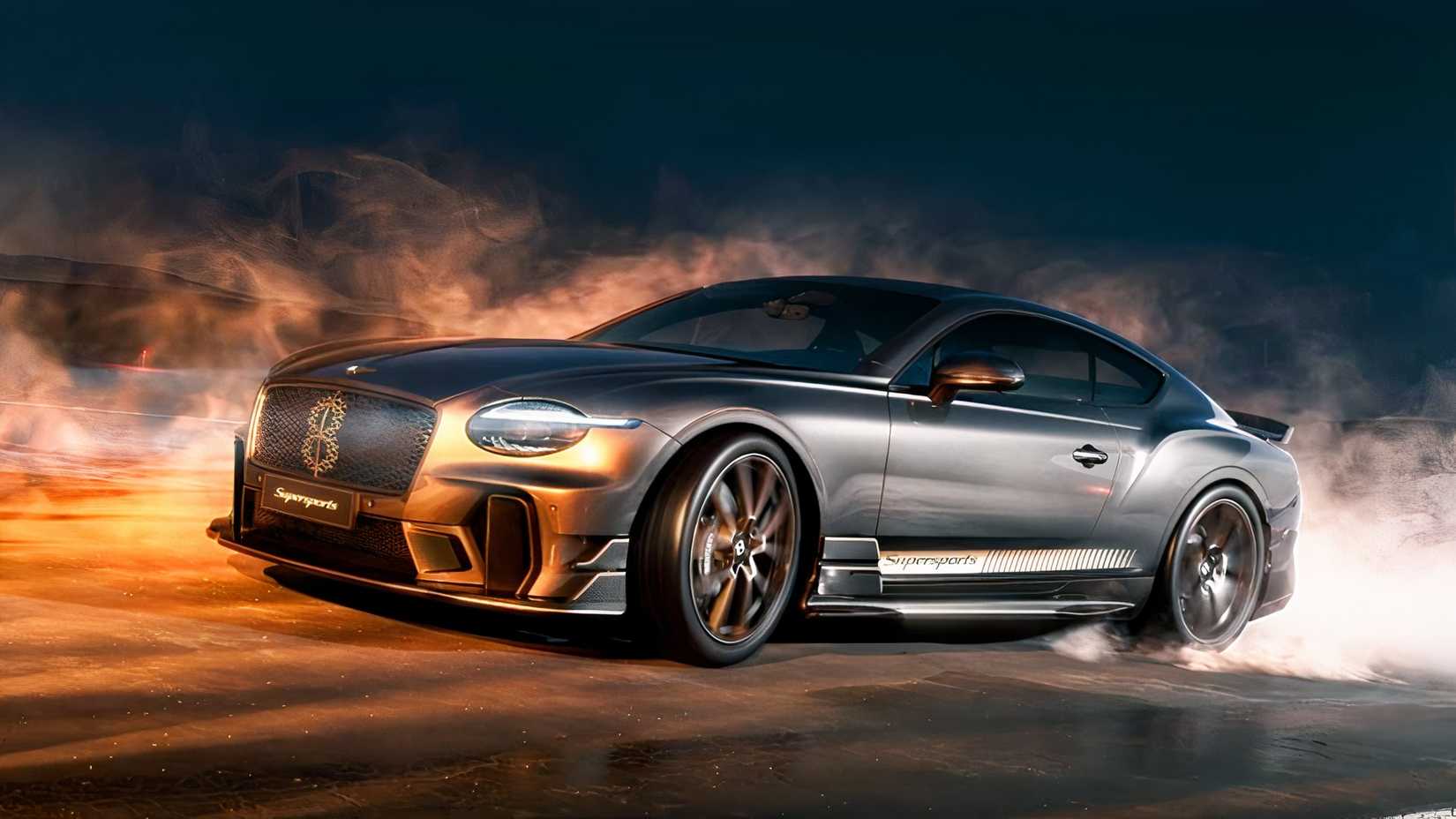 Front shot of a 2027 Bentley Continental GT Supersports drifting