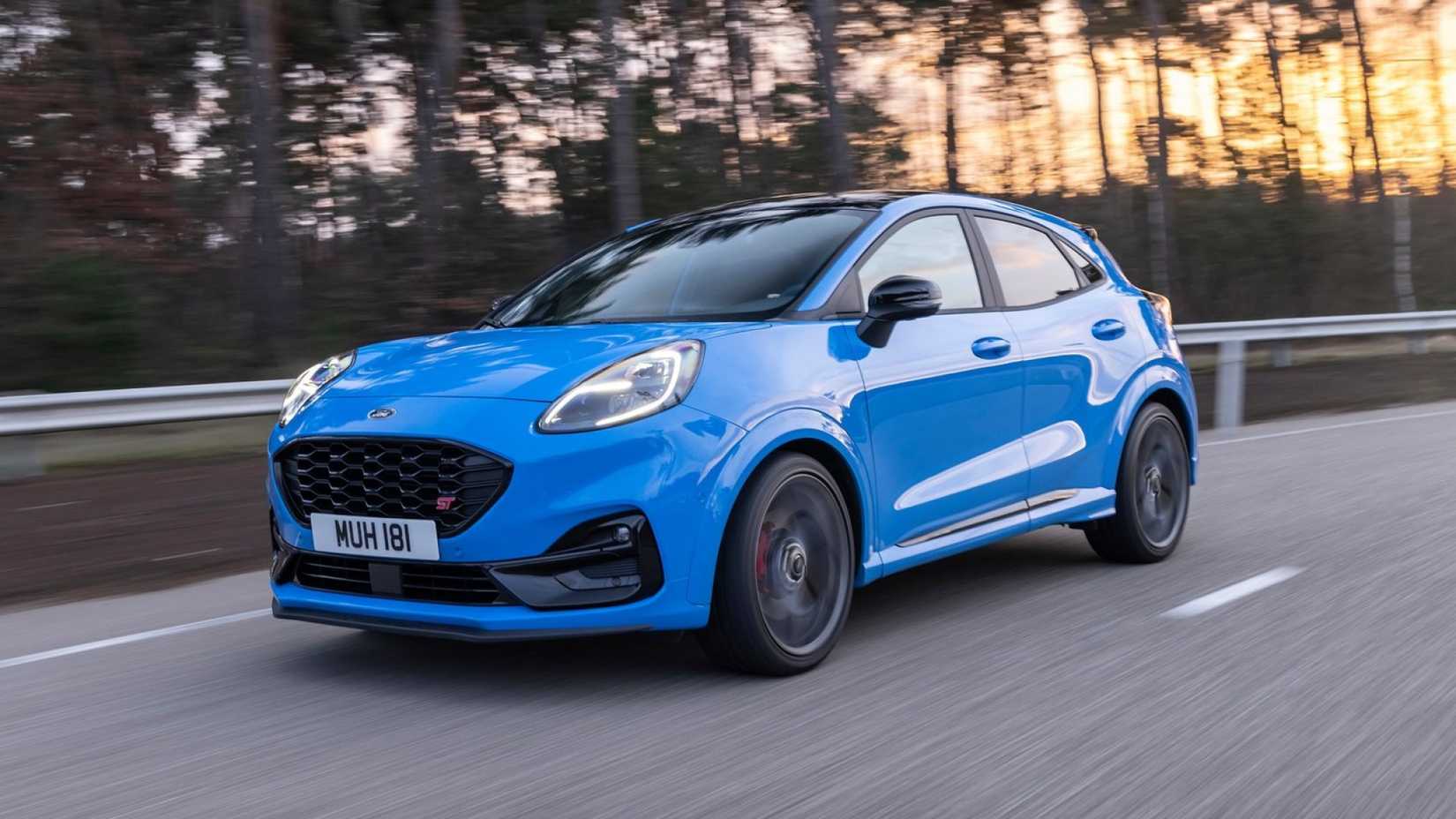 Ford Puma ST in blue front third quarter view