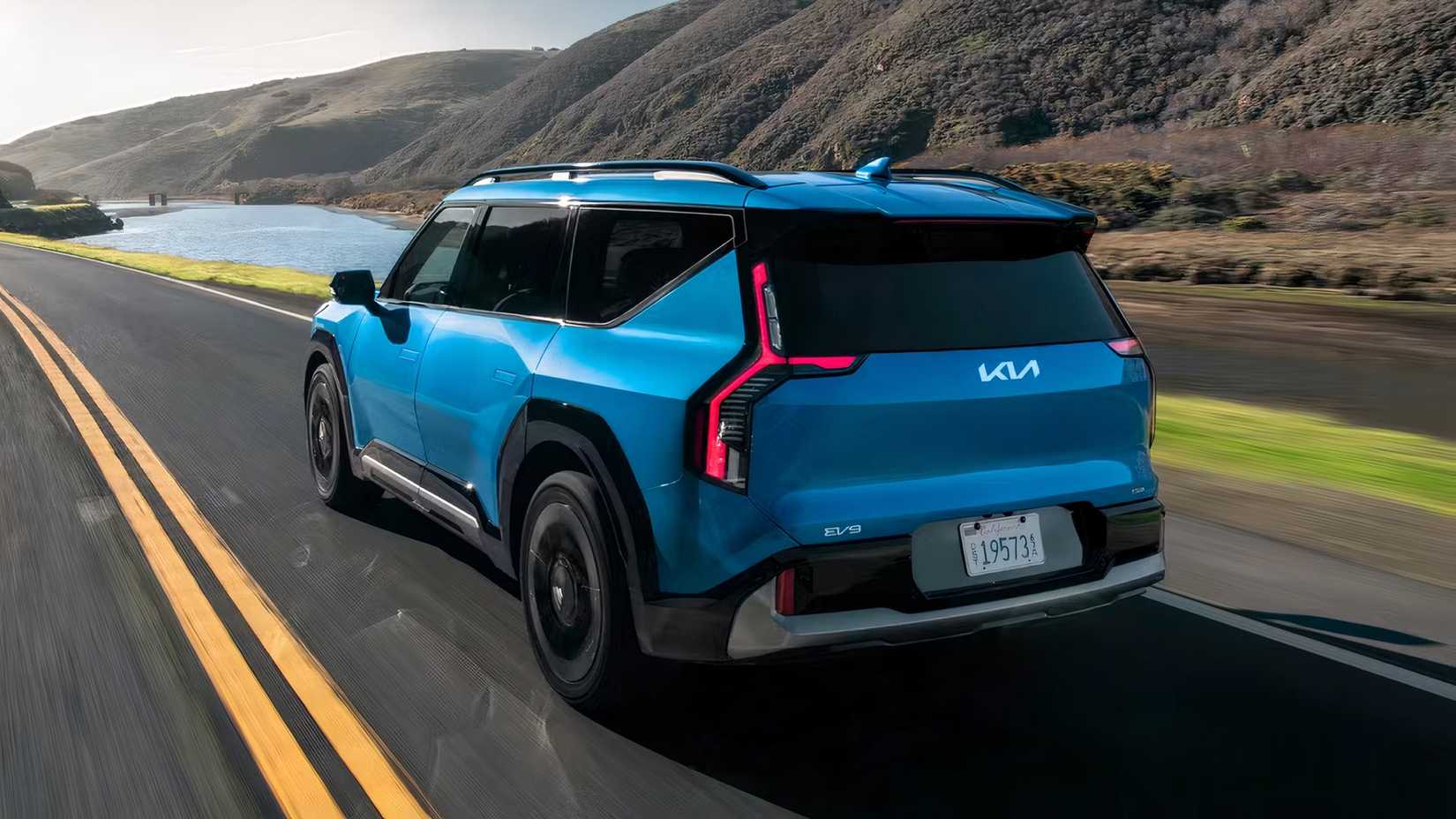 2025 Kia EV9 in blue being driven