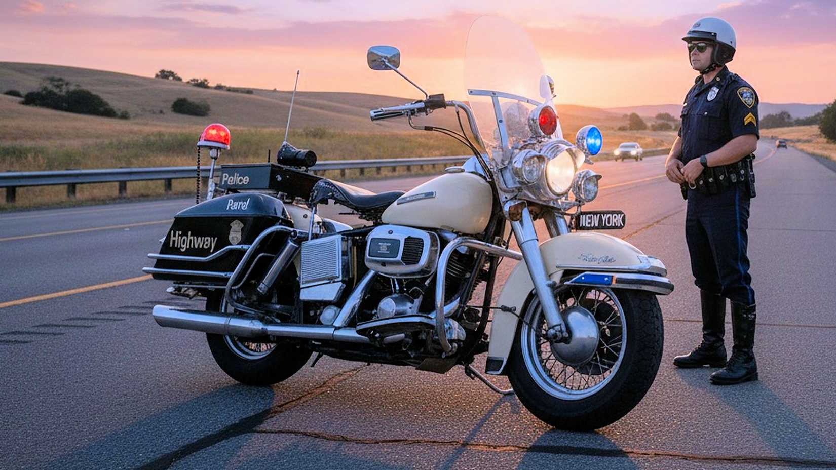 Rider stands next to a 1981 Harley-Davidson Electra Glide Police motorcycle parked along the road