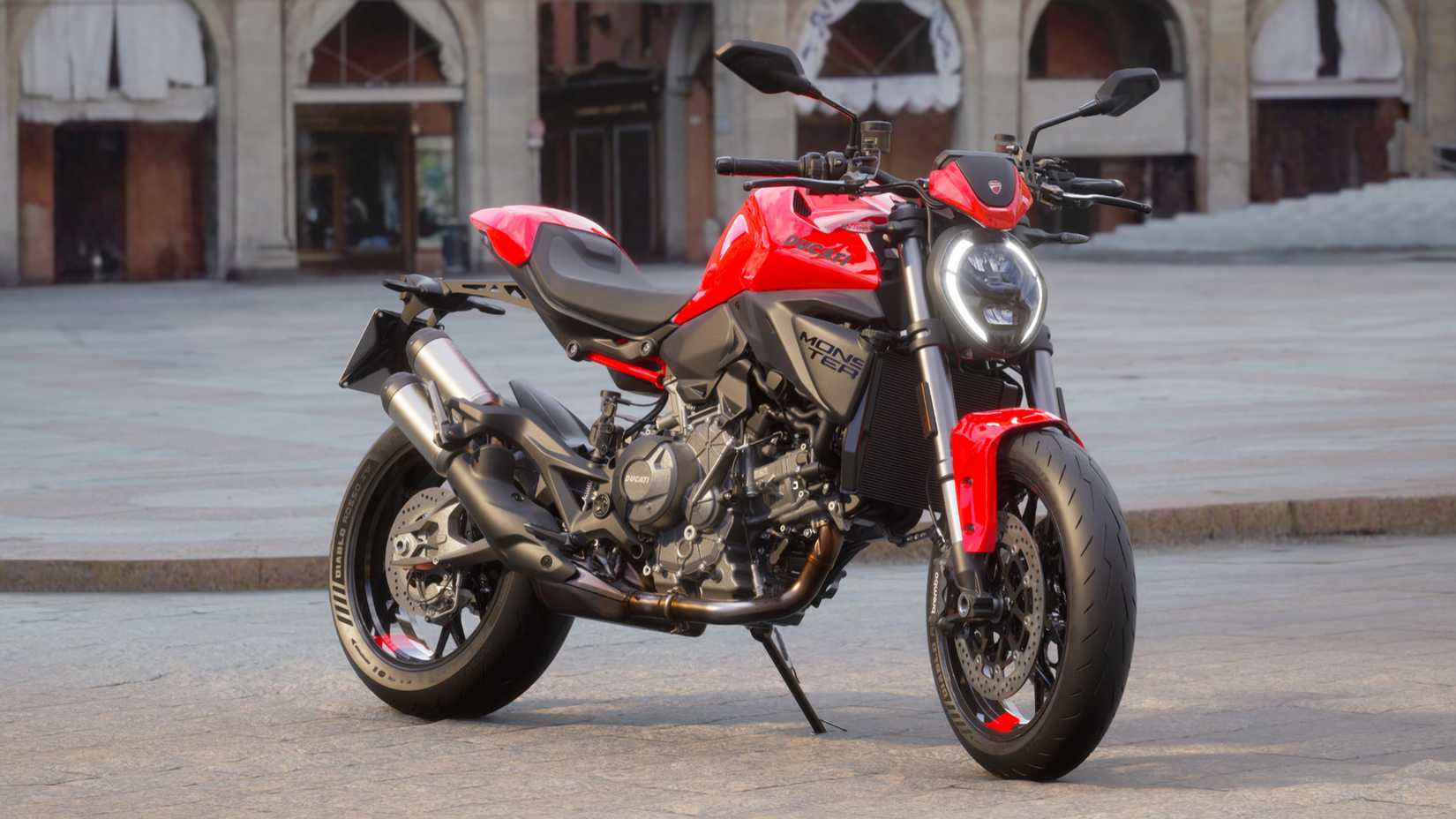 2025 Ducati MonsterPlus parked on  a plaza, static front quarter shot