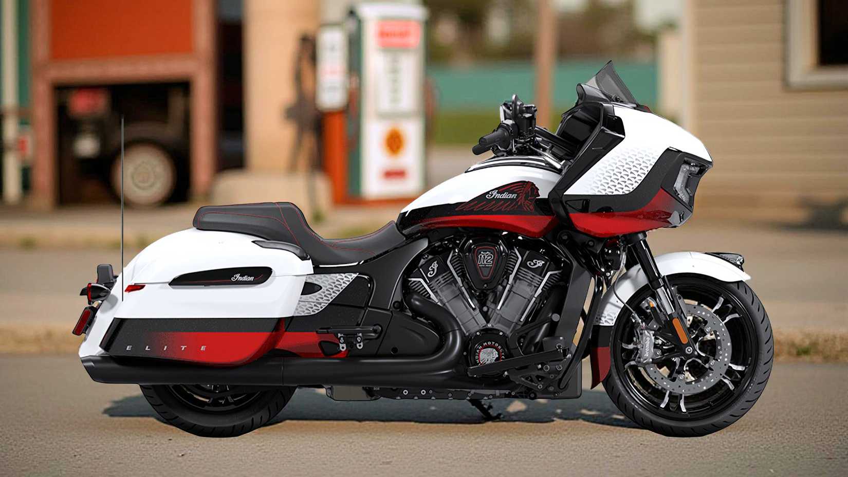 2025 Indian Challenger Elite estacionado em um posto de gasolina antigo, foto de perfil estático