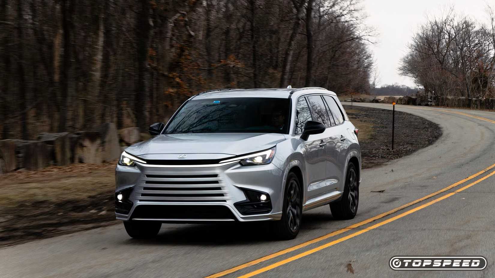 Foto frontal de um Lexus TX 500h F-Sport In Motion 2025