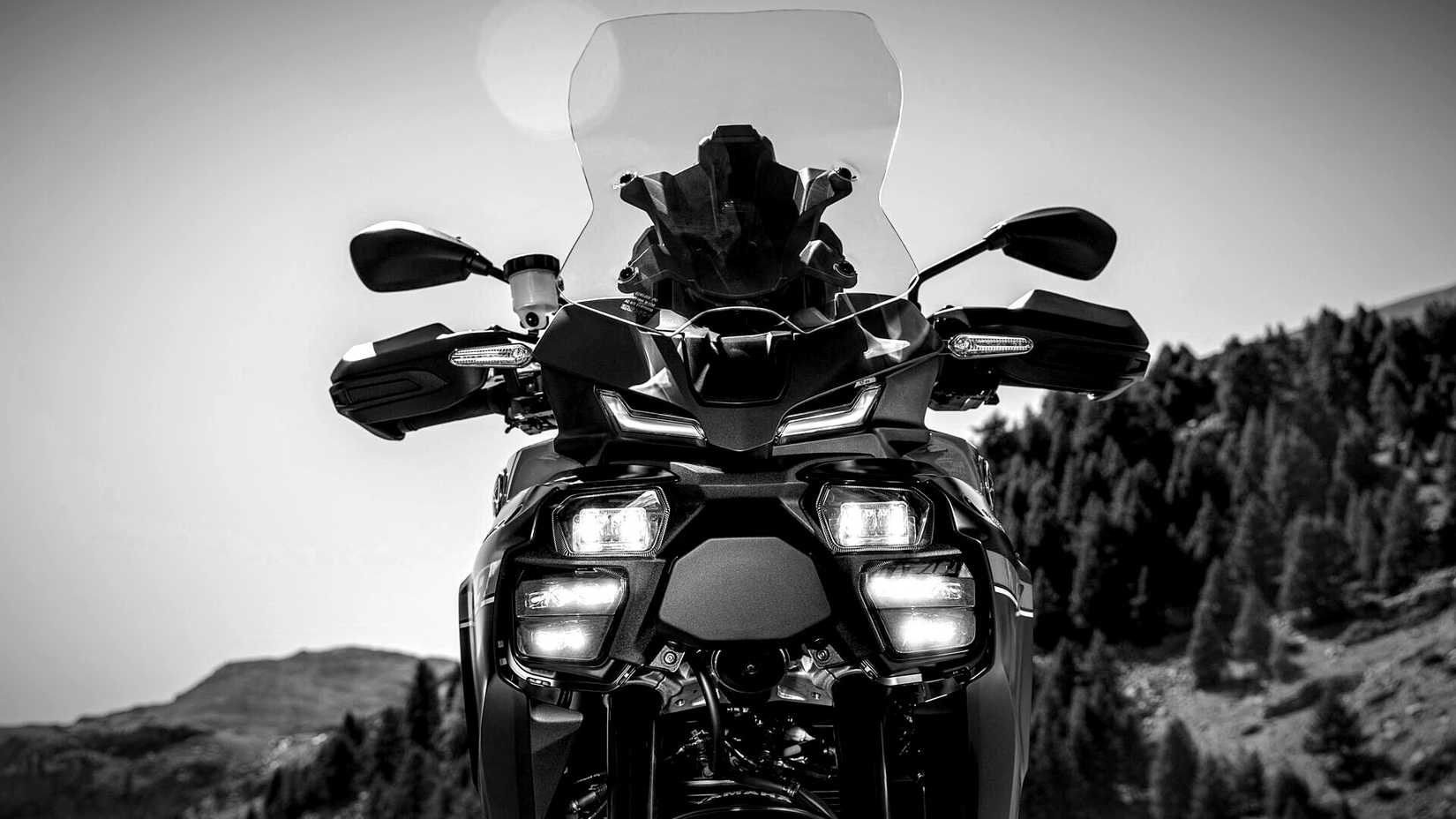 Black and white shot of a 2025 Yamaha Tracer 9's headlamp