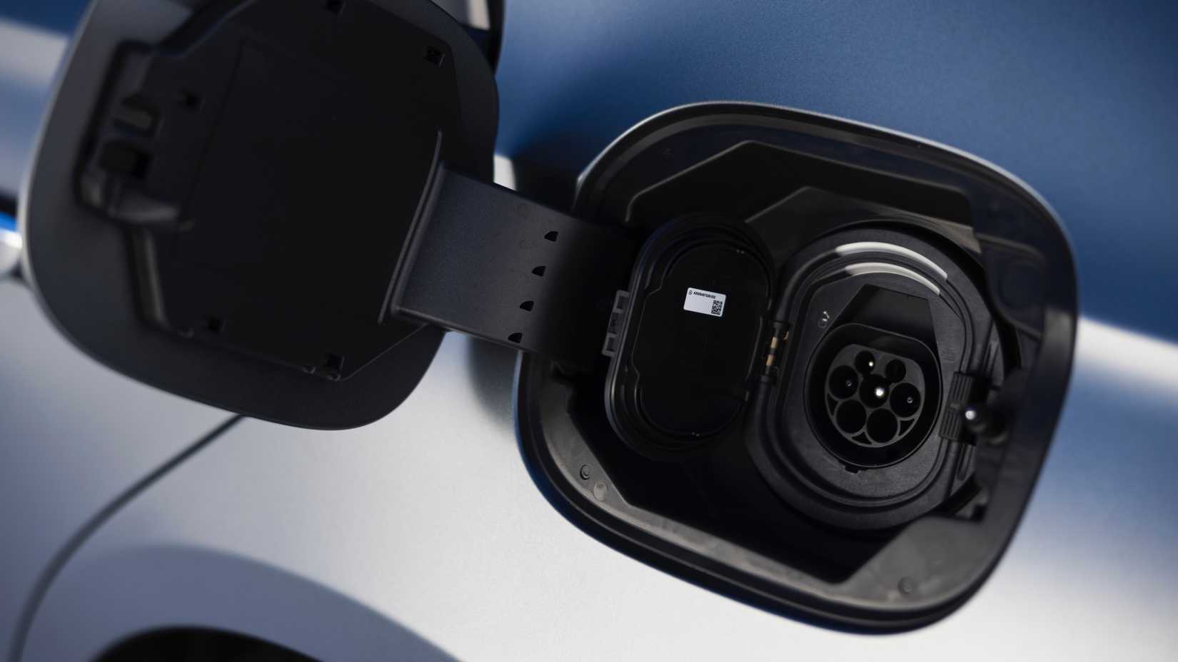 Close-up detail shot of Mercedes AMG S 63 E Performance charge port