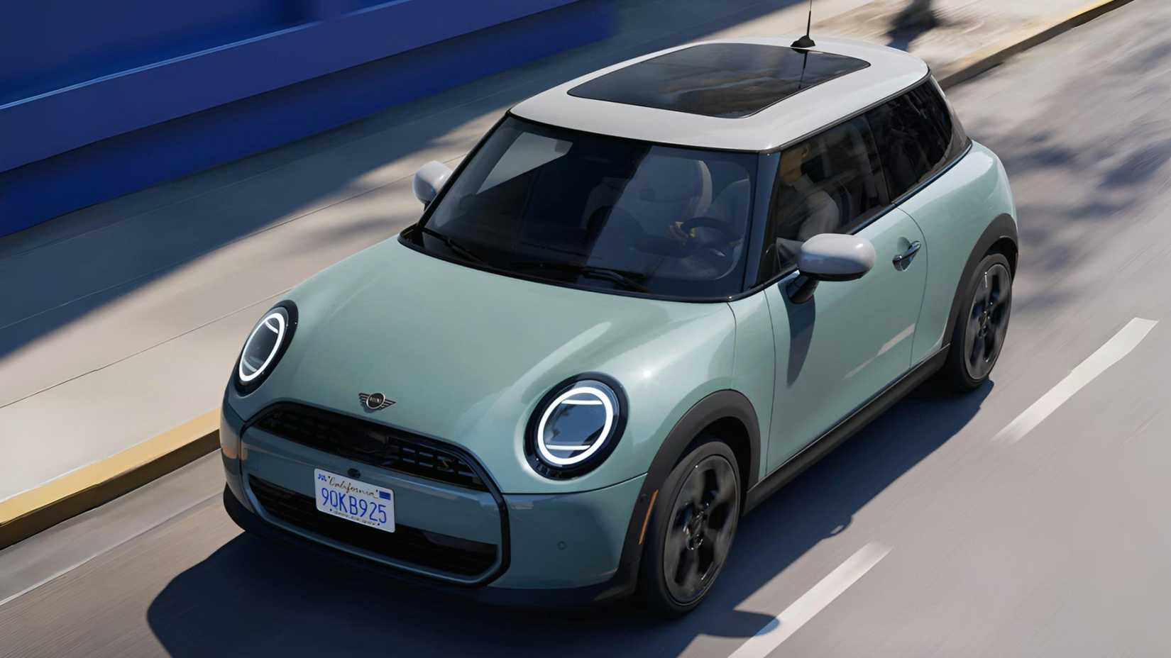 2026 Mini Cooper 2-door front third quarter ariel view