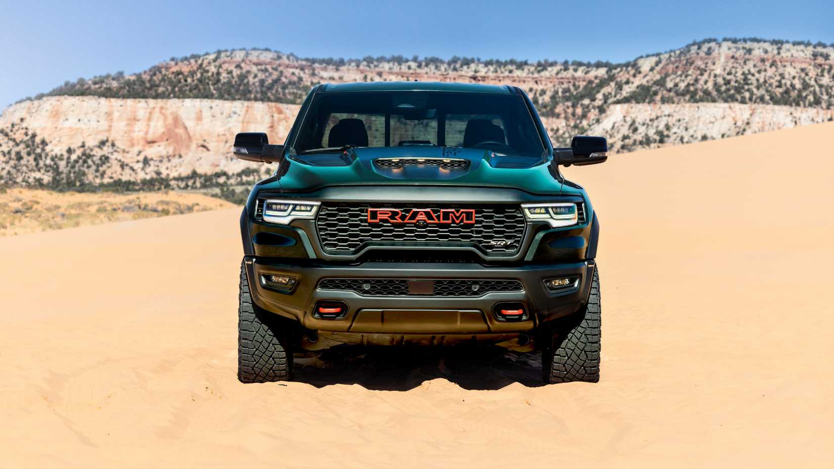 Front shot of 2027 Ram 1500 TRX SRT parked in desert