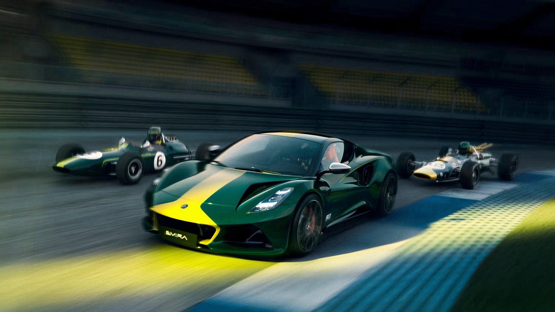 Uma imagem mostra um Lotus Emira Jim Clark Edition 2026 com carros de corrida clássicos Jim Clark