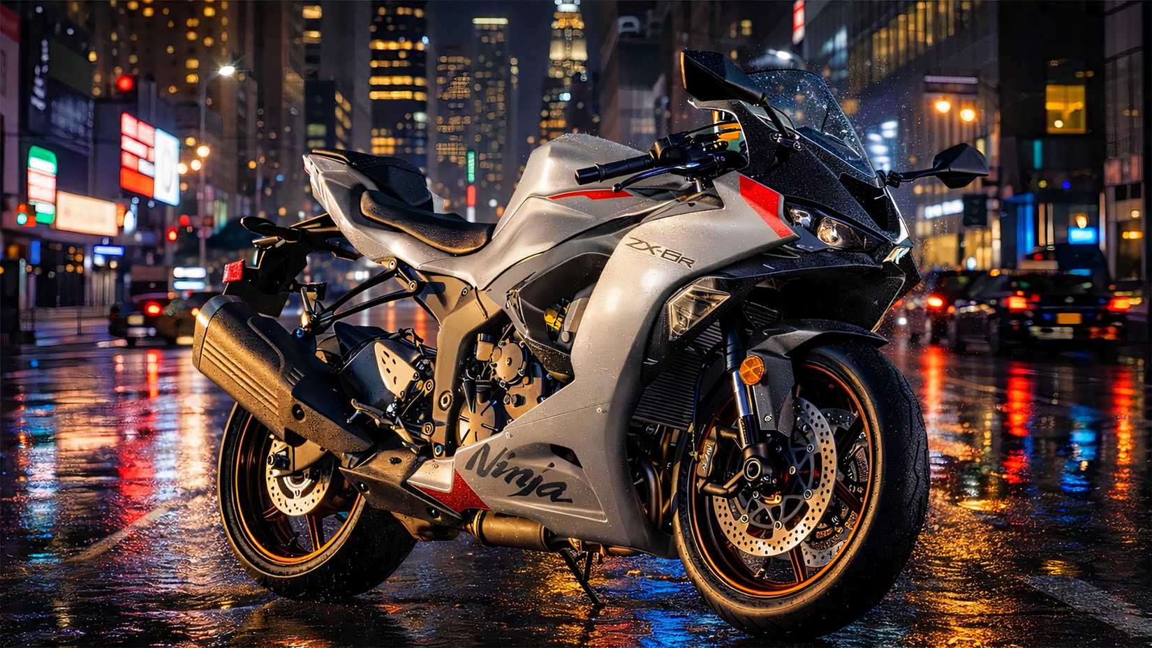 Uma Kawasaki Ninja ZX-6R 2025 estacionada nas ruas da cidade