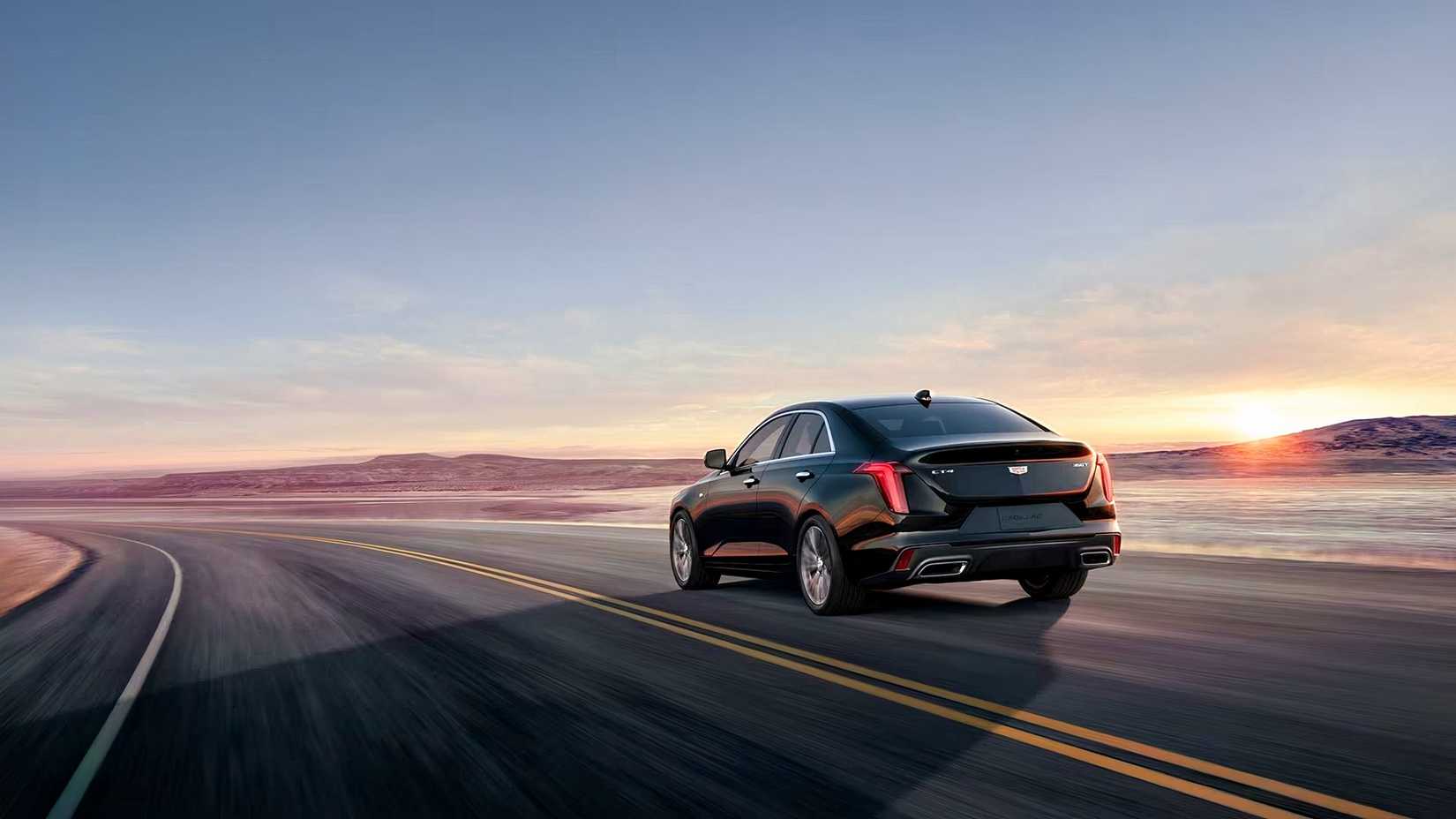 2026 Cadillac CT4 rear 3/4 driving view