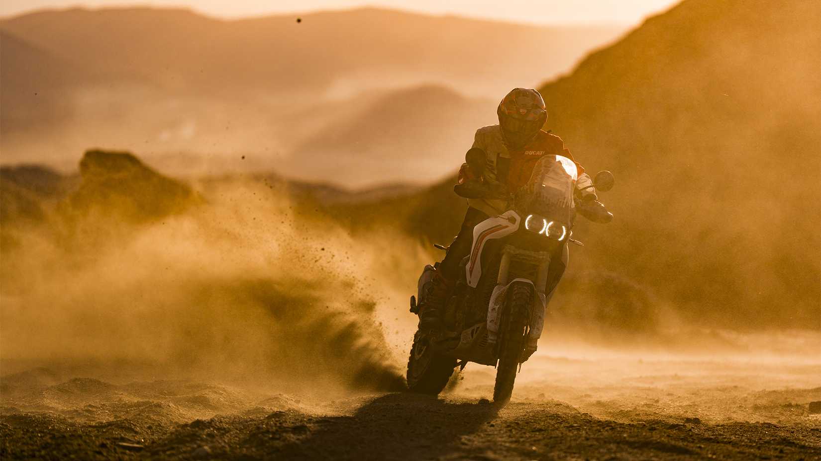 2026 Ducati DesertX V2 off-roading cinematic front fascia view