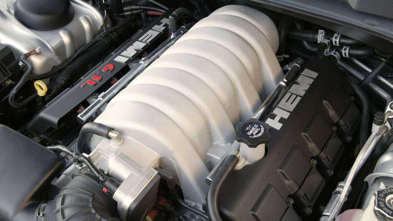 Close-up shot of Chrysler 300C SRT8 engine bay showing HEMI V8