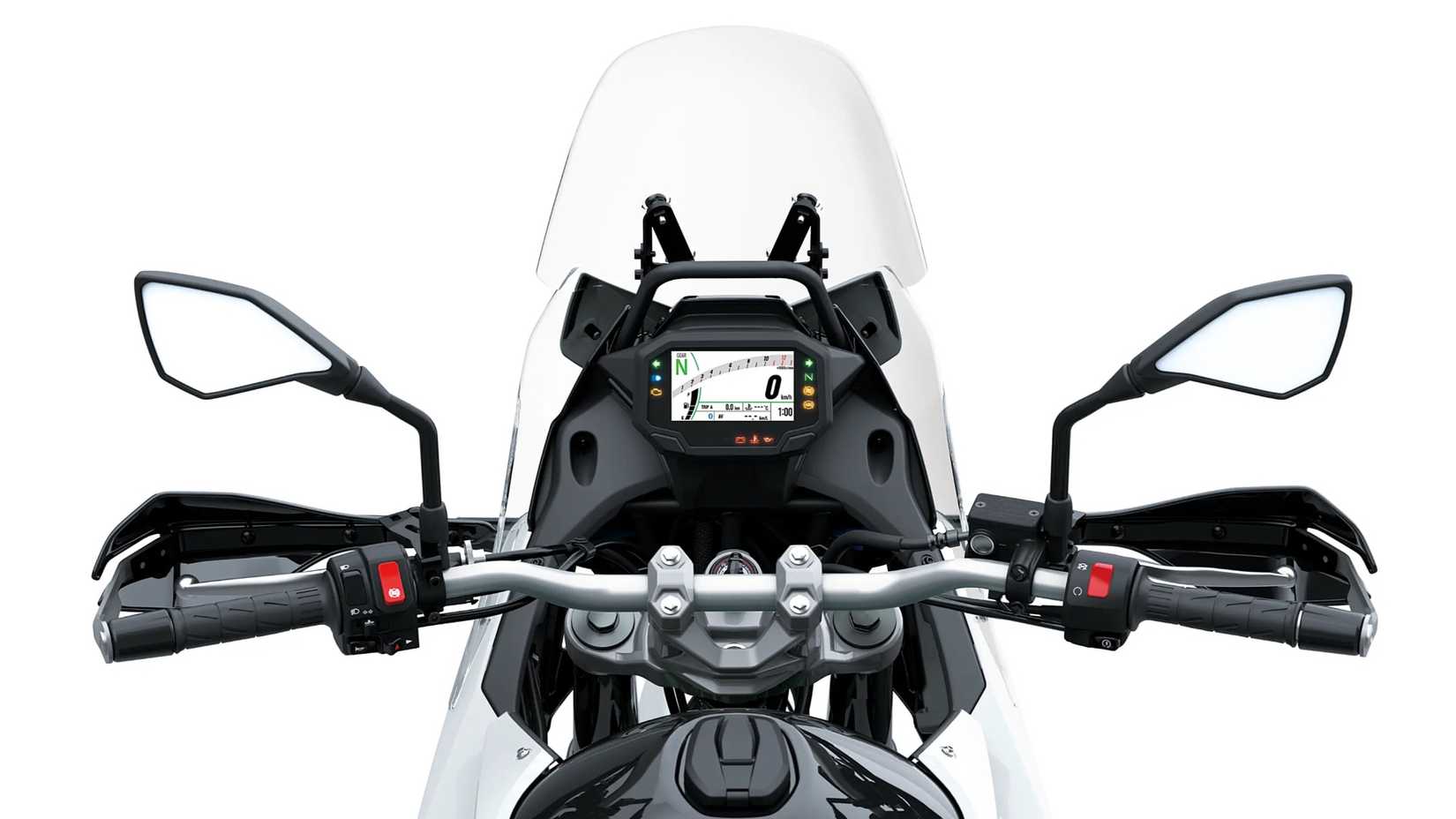 Vista do cockpit da Kawasaki KLE500 SE 2026