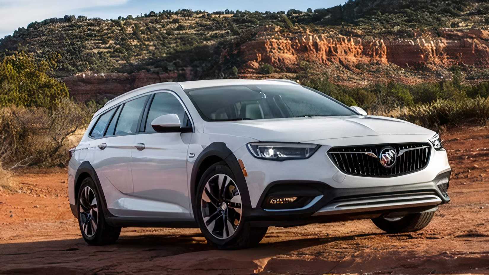 2019 Buick Regal TourX front 3/4 shot parked off-road