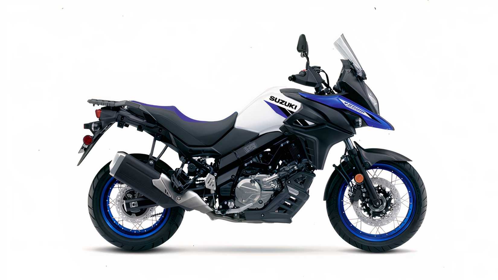 Side studio shot of a blue 2025 Suzuki V-Strom 650 XT