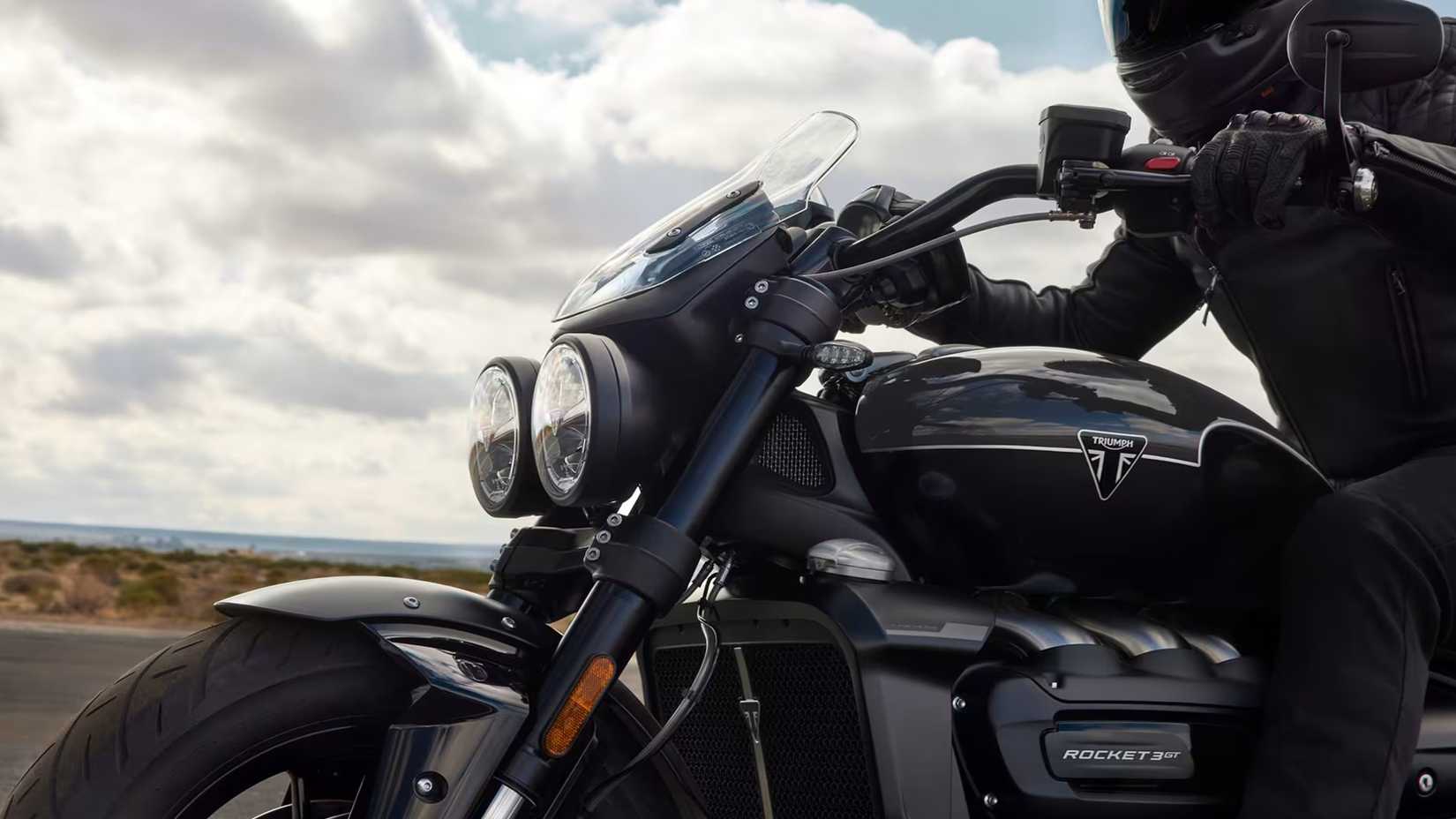 2025 Triumph Rocket 3 Storm GT Front Windscreen Closeup While Riding