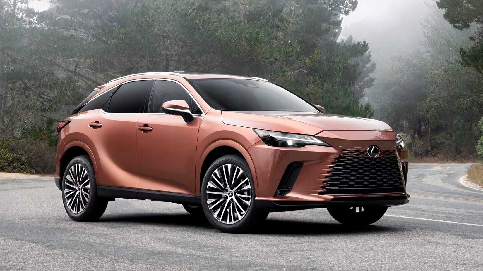Copper-colored 2026 Lexus RX Front 3/4 parked on side of road