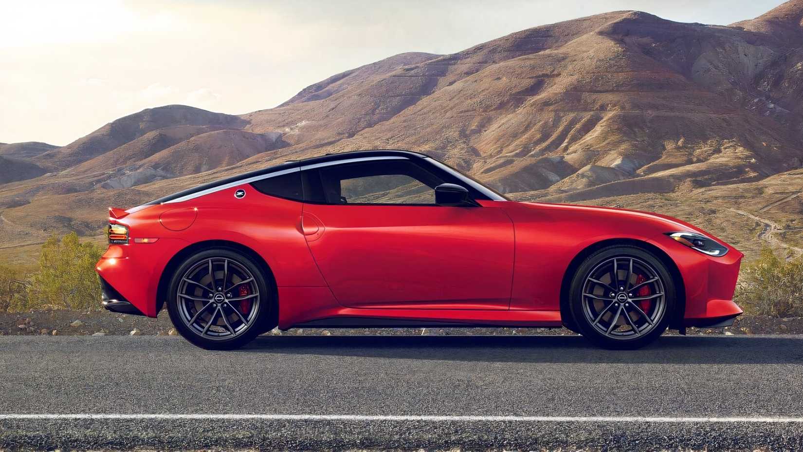 A side view of a 2026 Nissan Z parked in the desert