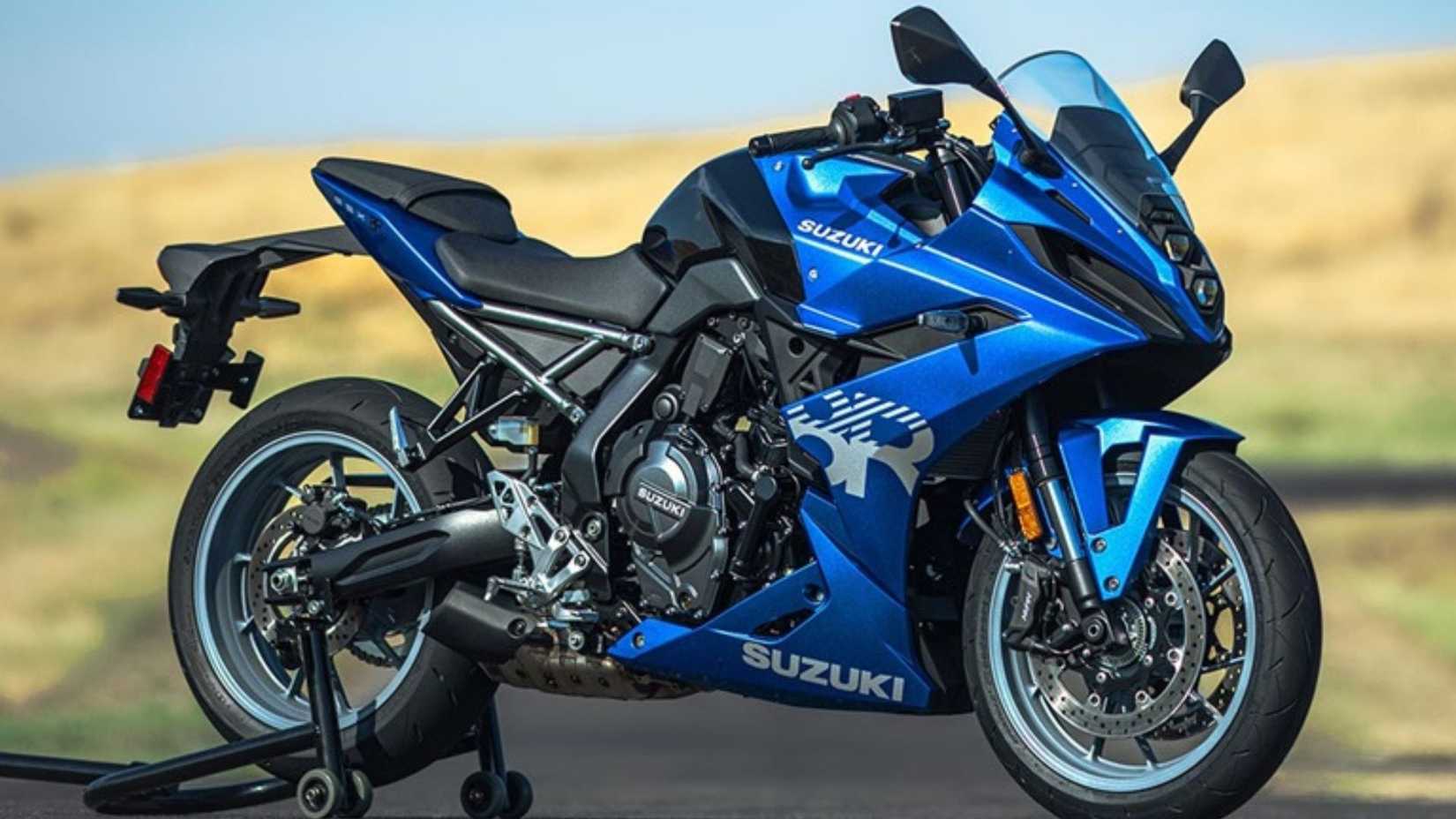 Blue Suzuki GSX-8R parked on a paddock stand