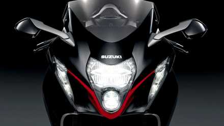 A studio close-up shot of the front-end of the 2026 Suzuki Hayabusa