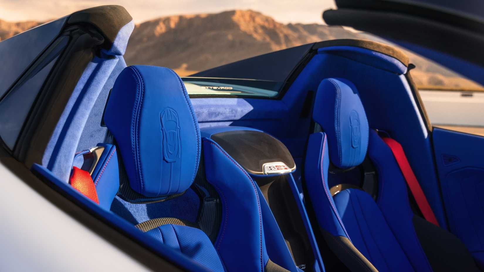 The 2027 Chevrolet Corvette Grand Sport Launch Edition features embossed headrests in Santorini Blue-Dipped interior
