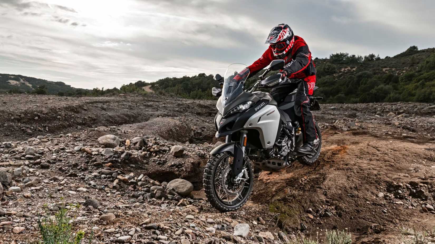 Front shot of a Ducati Multistrada 1200 Enduro tackling rough terrain