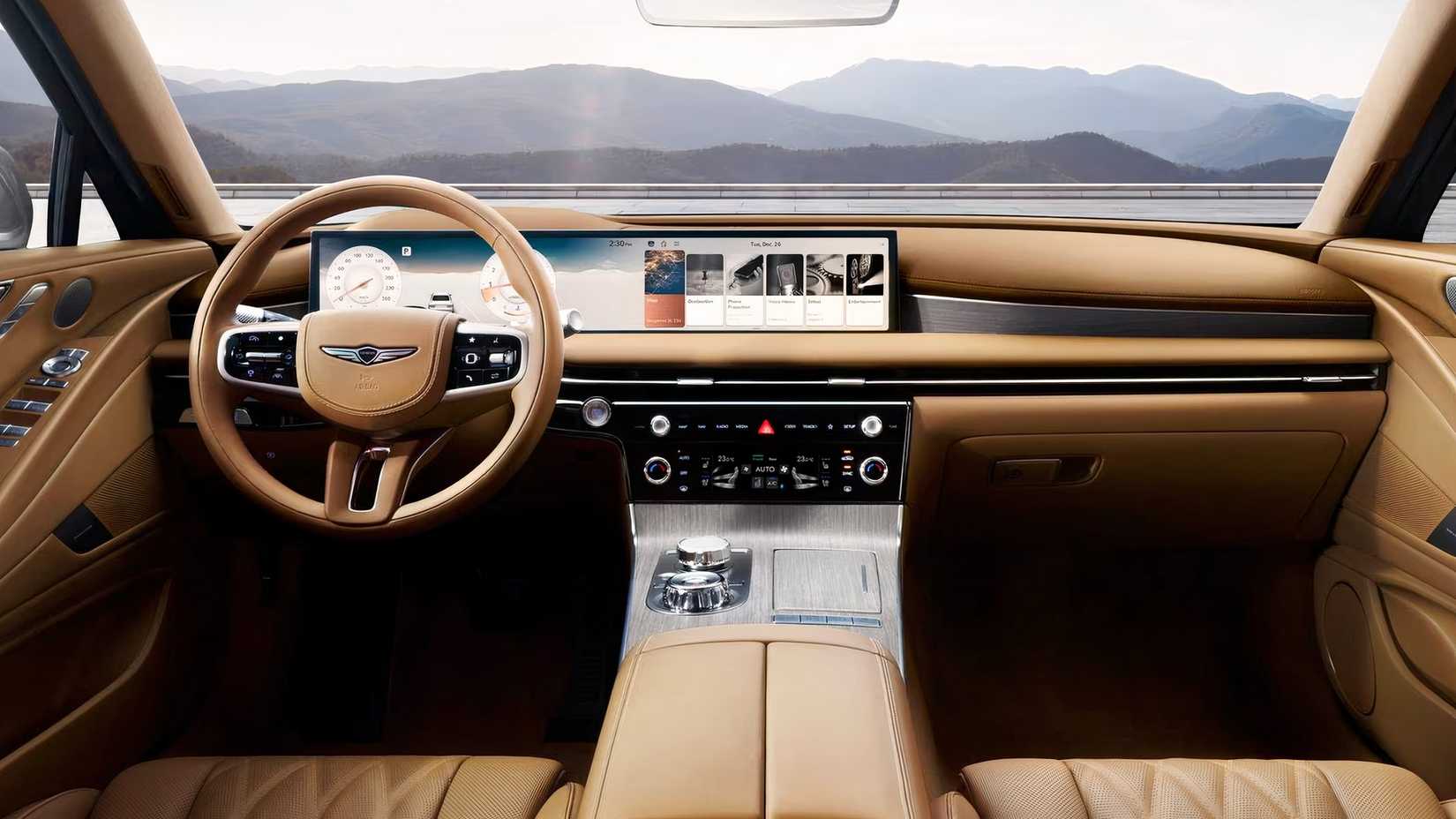 Interior shot of a 2026 Genesis G80 showing front cabin