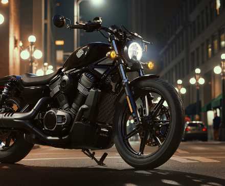 Front 3/4 quarter shot of Harley Davidson Nightster parked on a street