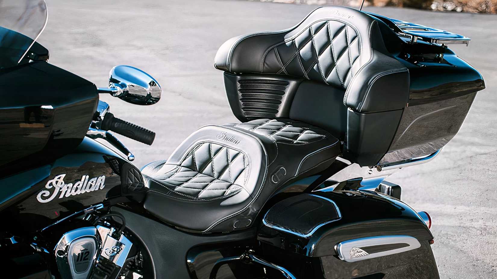 A closeup view of the Indian Roadmaster PowerPlus with its heated rear seat