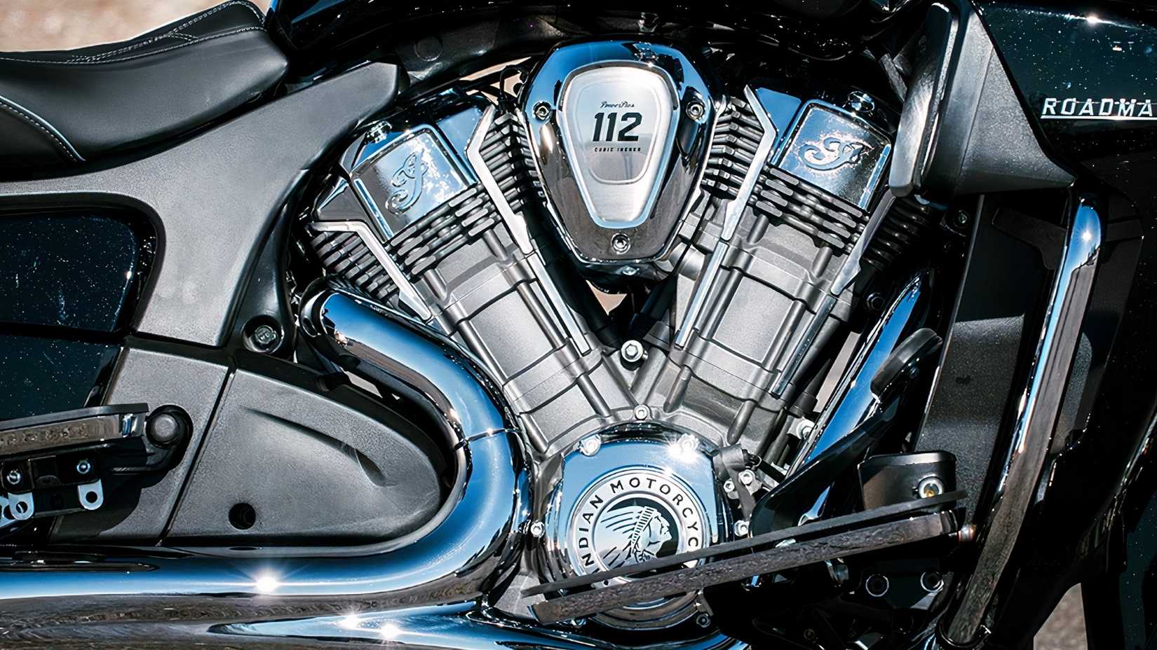 A closeup view of the Indian Roadmaster PowerPlus 112 engine