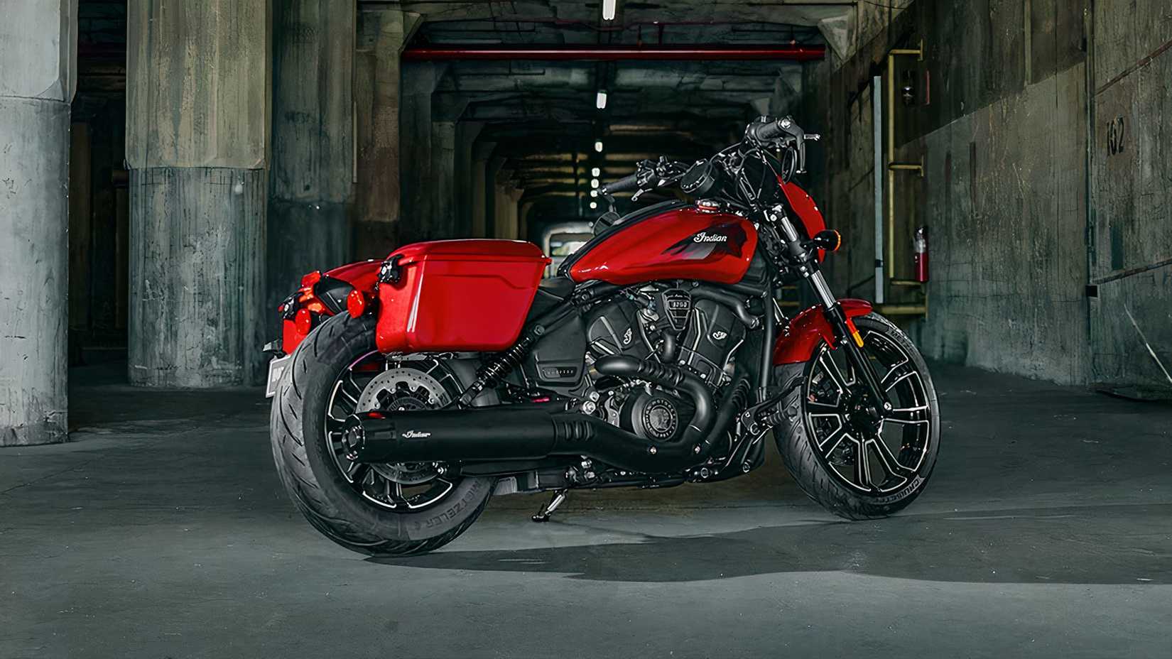 Rear three-quarter beauty shot of thee Indian Sport Scout RT