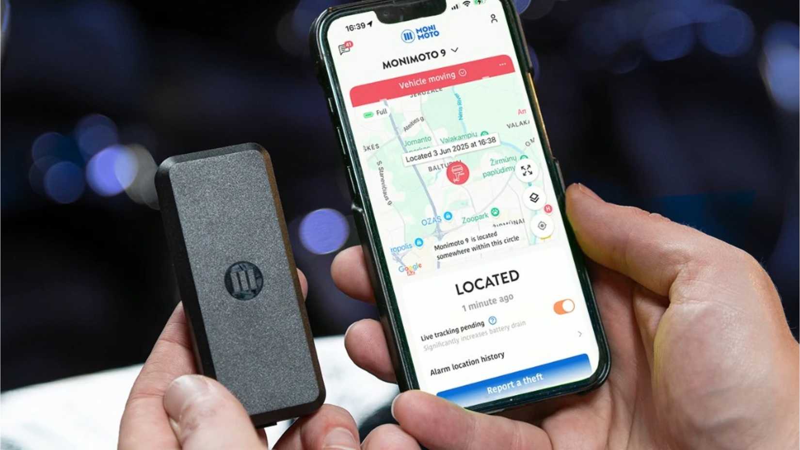 Rastreador GPS Monimoto 9 mostrando sua localização no aplicativo