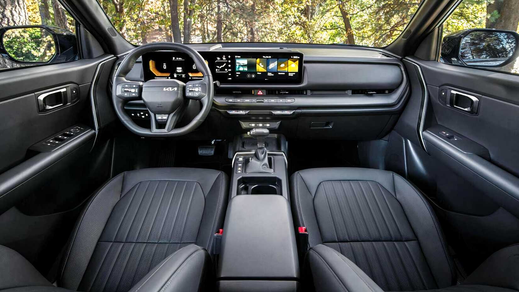 Foto do interior de um Kia Seltos 2027 mostrando a cabine dianteira