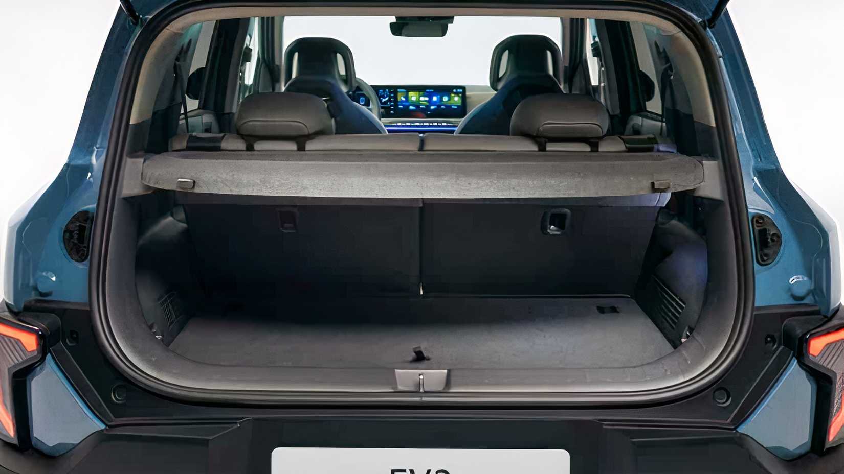 2027 Kia EV2 rear shot with cargo hatch open showing interior space