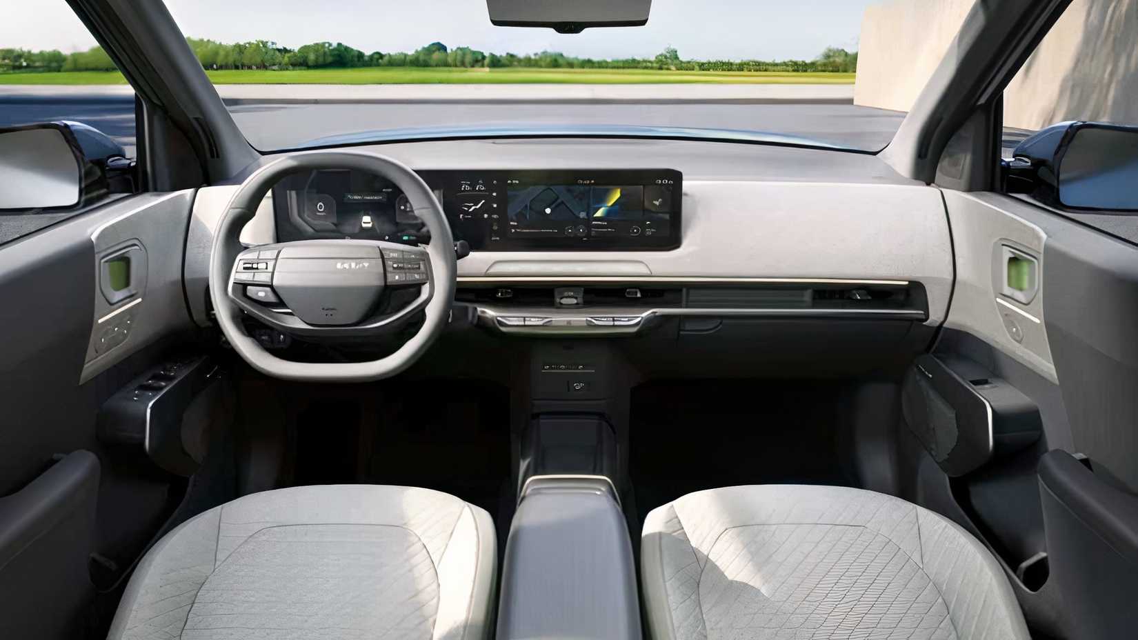 2027 Kia EV2 wide interior shot of front cabin