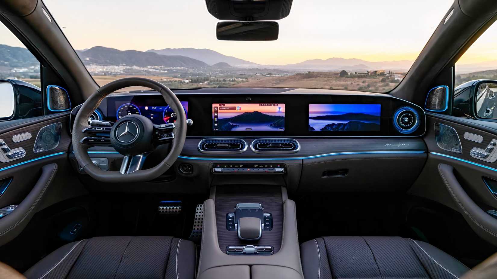 Interior shot of a 2027 Mercedes-Benz GLS's front cabin showing dash