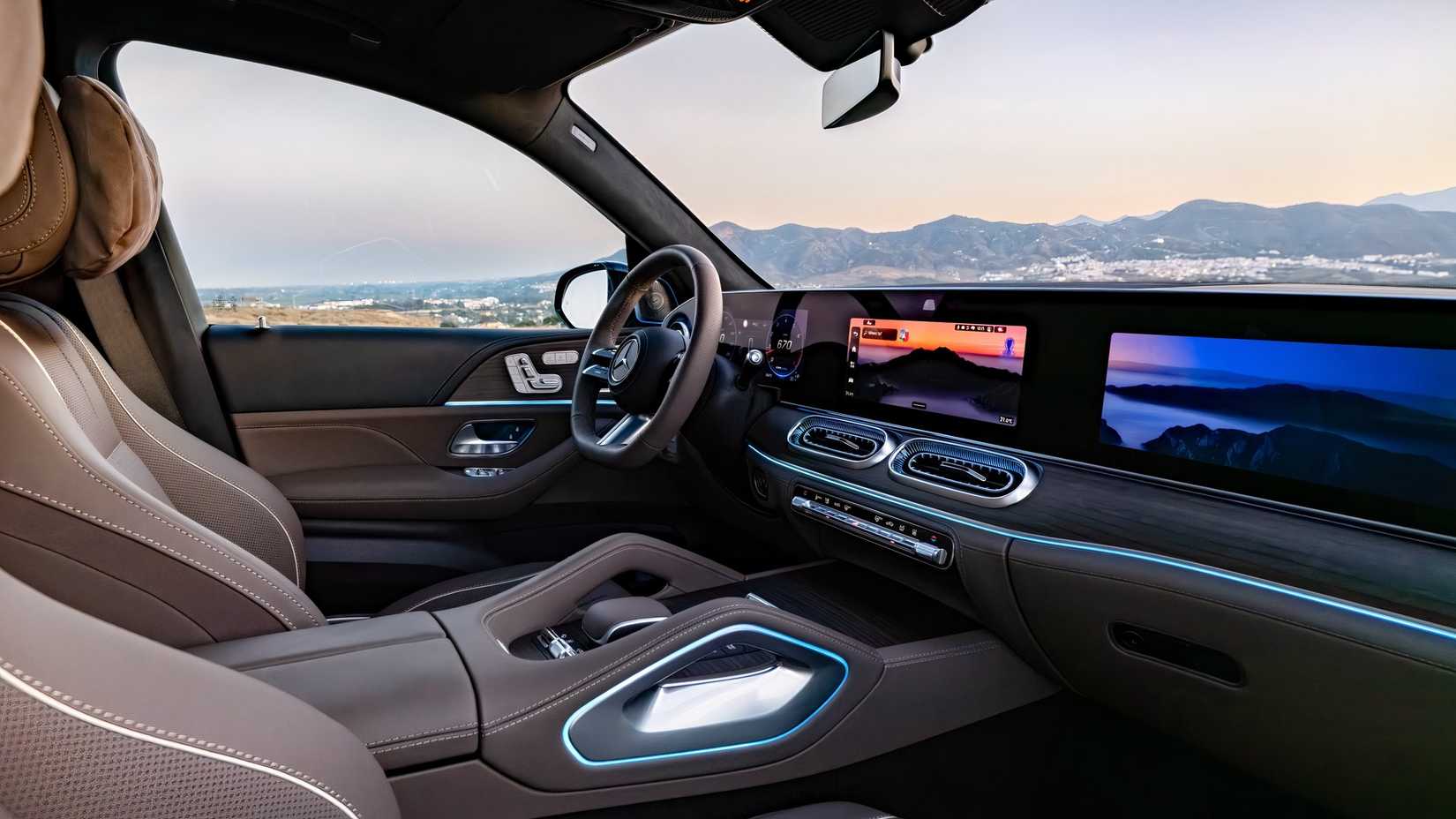 Interior shot of a 2027 Mercedes-Benz GLS's front cabin showing dash