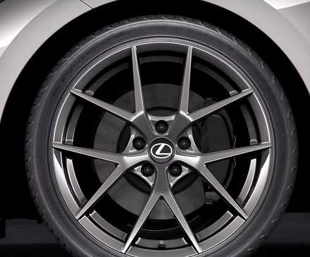 Close-up shot of a gray 2026 Lexus IS's front wheel