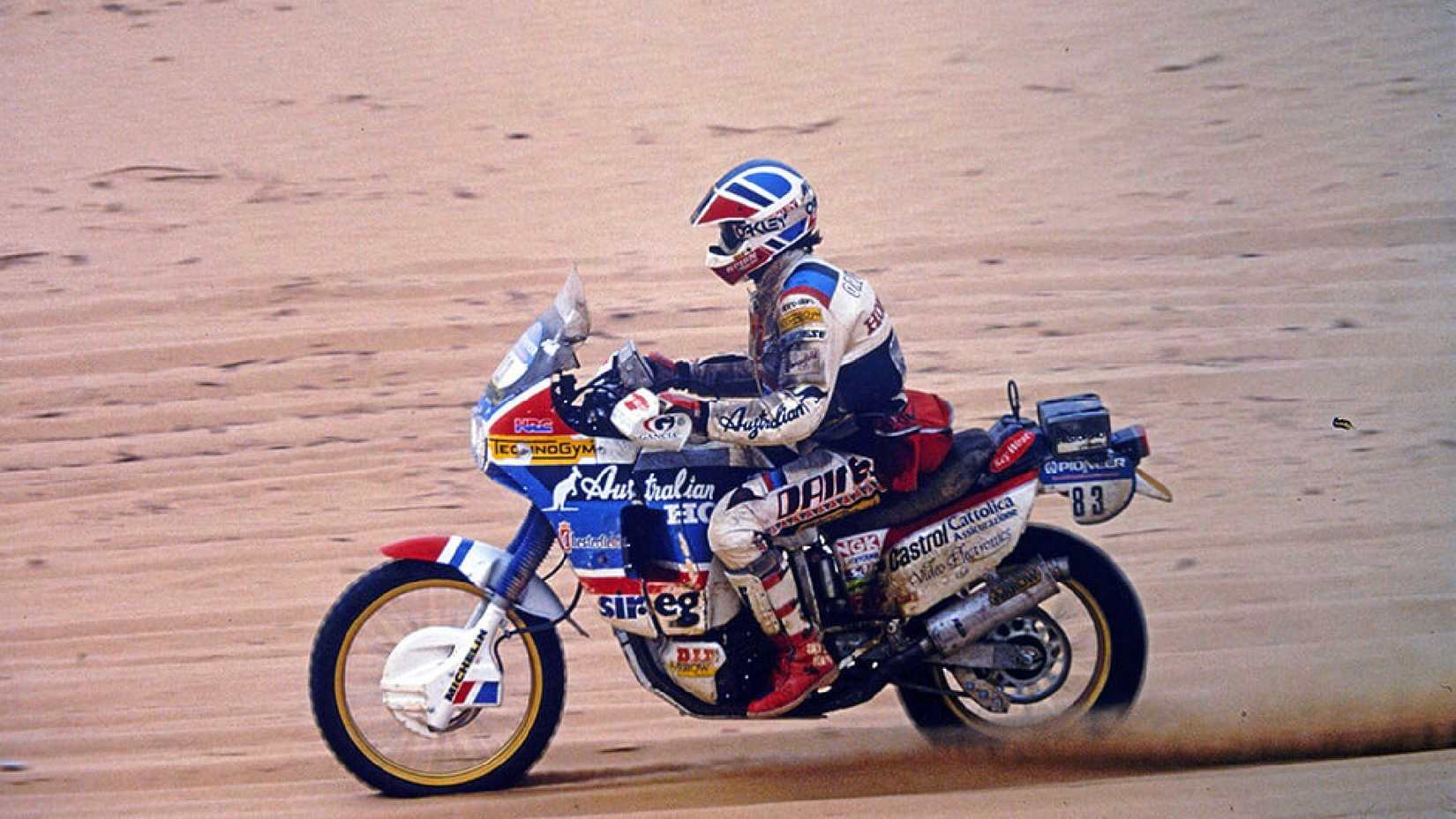Action shot of Edy Orioli riding the1988 Paris-Dakar winning NXR750