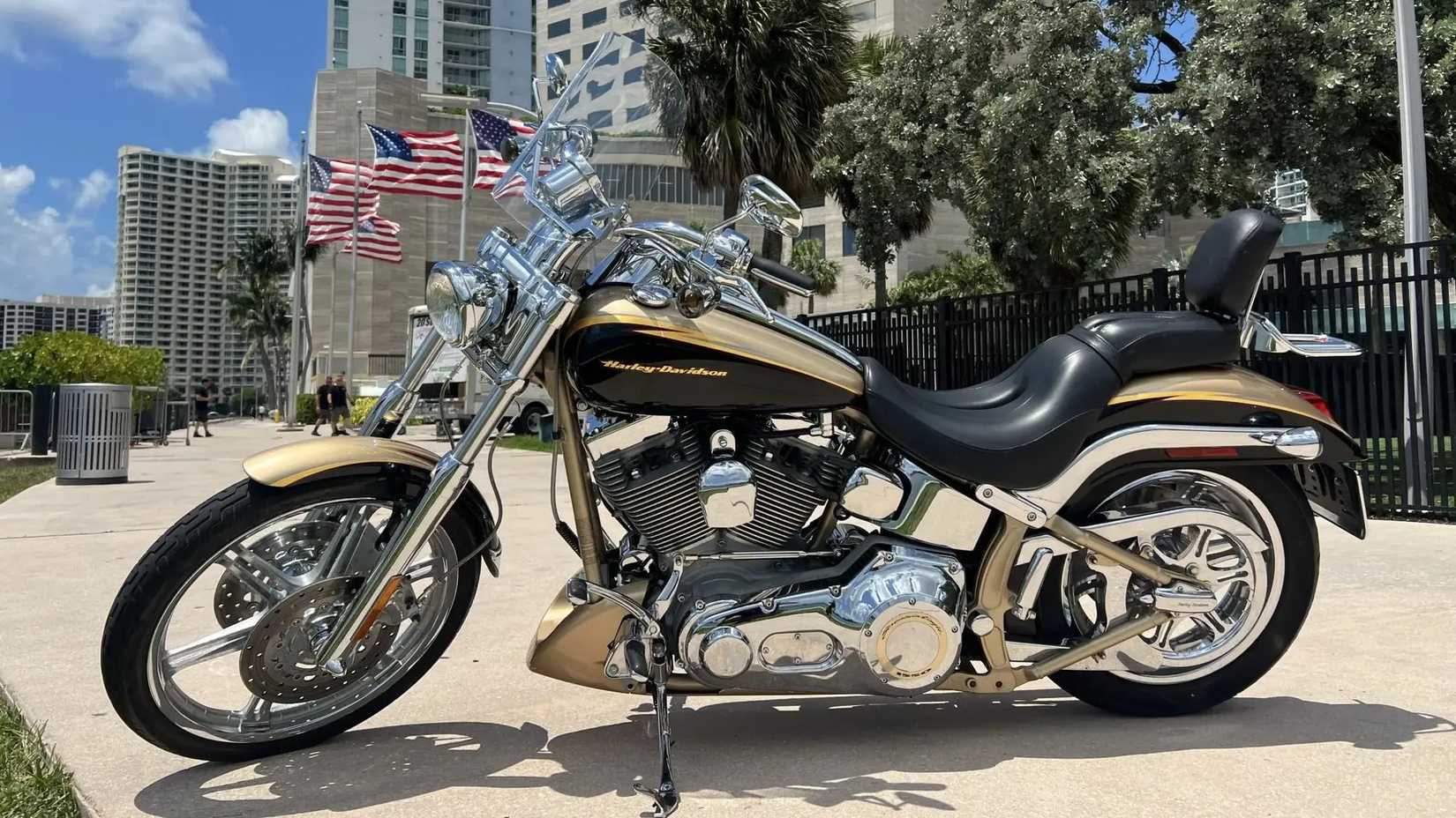 A 2003 Harley-Davidson CVO Deuce parked on its side stand
